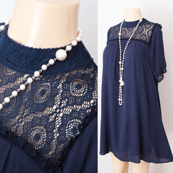Navy Blue Boho Crochet Lace Mock Neck Shift Dress - Picture 2 of 10